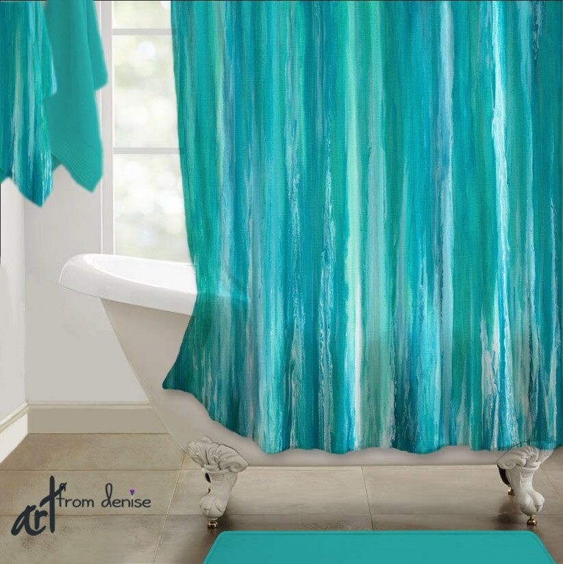 Aqua Blue Navy Teal Shower Curtain Modern Abstract Fabric Aqua Blue Navy Teal Shower Curtain, Navy And Teal Shower Curtain