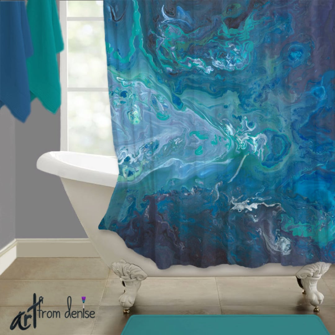 Modern Blue Shower Curtain, Gray, Teal Aqua & Turquoise Abstract Fabric