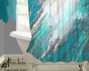 Fabric shower curtain, Gray and teal bathroom decor, Aqua turquoise coastal beach decor, Modern abstract shower stall curtain art