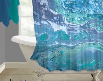 Gray and teal shower curtain (+ aqua & turquoise blue), Abstract fabric designer bathroom decor