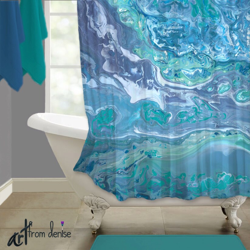 Teal gray shower curtain Abstract art Aqua turquoise blue Etsy