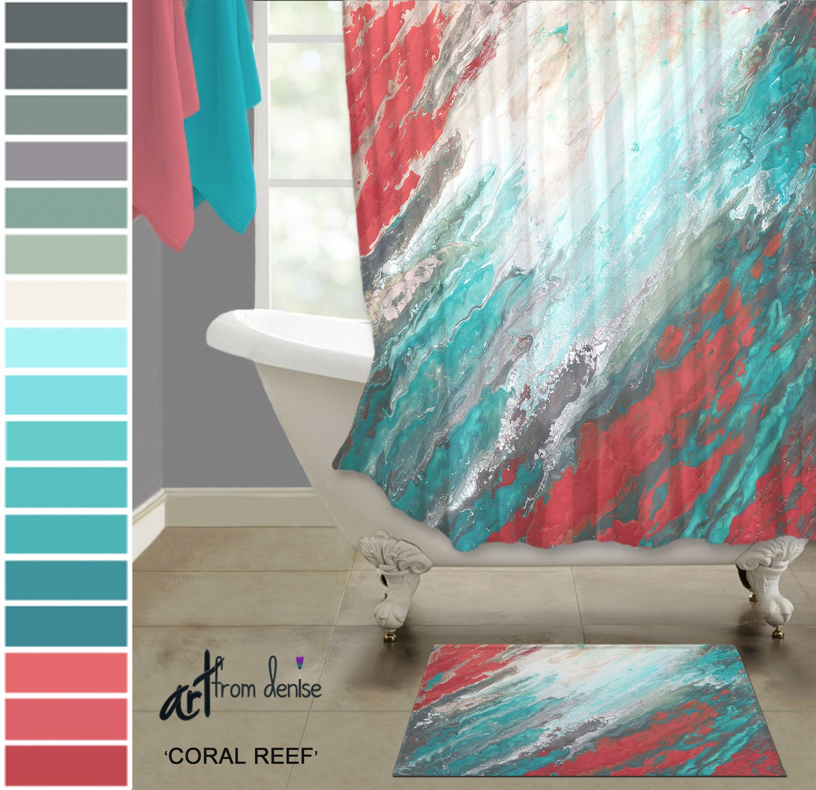 Teal and Coral Bath Rug or Modern Bathroom Sets With Bath Mat Etsy