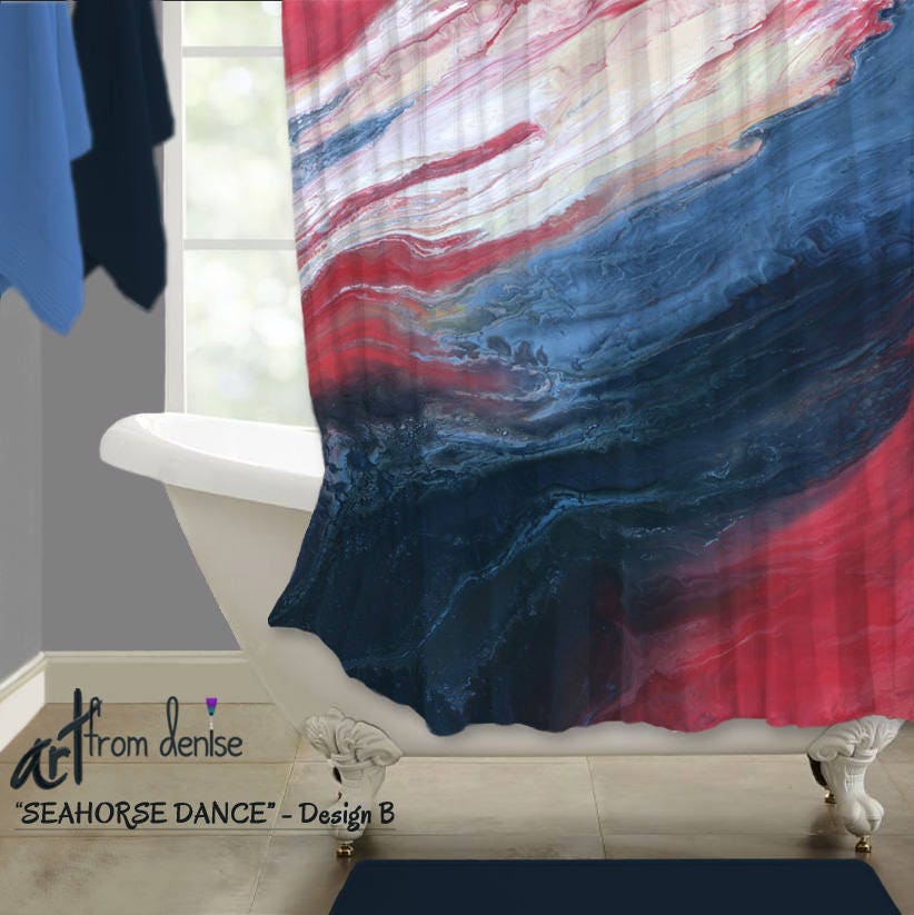 Navy Blue White and Red Shower Curtain Modern Bathroom Decor Etsy