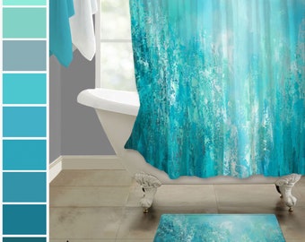 Modern aqua blue, gray and teal shower curtain & bath mat set, Abstract fabric shower stall decor + rug for master bathroom or guest bath