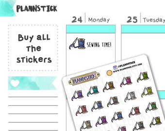 May include: A sheet of colorful sewing themed stickers featuring a spool of thread and needle. The stickers are arranged in a grid pattern and have a white background. The text "Sewing Time!" is written on the sheet.