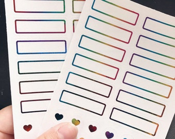Rainbow Foiled Quarter Boxes and Hearts - Planner Stickers For Erin Condren, Happy Planner, Recollections Planner, Inkwell, Kikki K