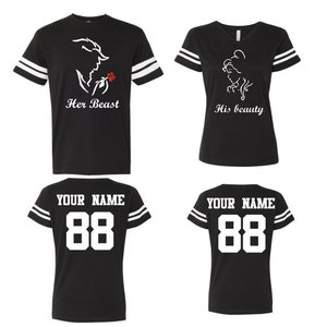 Custom Both His Beauty Her Beast couple Cotton Jerseys, personalized Back your text and Numbers, Couples shirts Newlywed Anniversary **BOTH