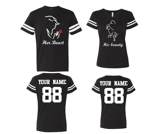 Custom Both His Beauty Her Beast couple Cotton Jerseys, personalized Back your text and Numbers, Couples shirts Newlywed Anniversary **BOTH