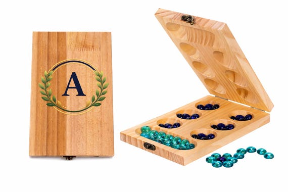 Foldable Wooden Mancala Board Game – Travel Strategy Set with Glass Stones