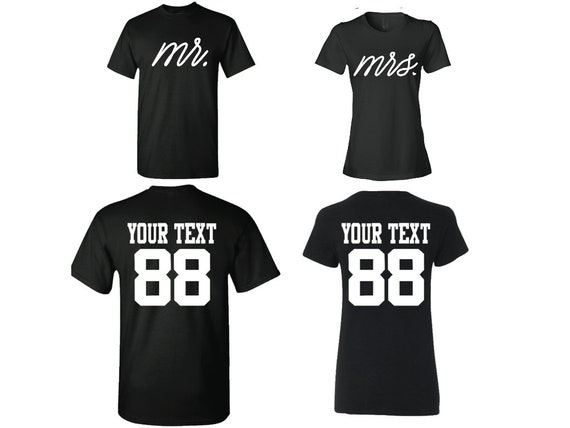 Couple shirts Custom Mr Mrs couple t shirts, White personalized Back your text and Numbers, Newlywed Anniversary Honeymoon bride groom