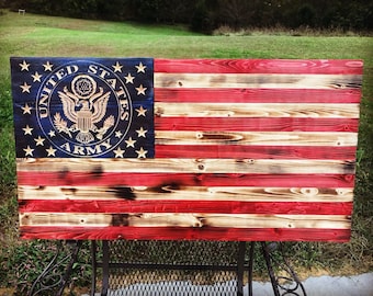 US Military wood flag. US flag with military logo set amongst the stars. Army flag. Navy flag. Marine Corps flag. US Coast Guard flag.