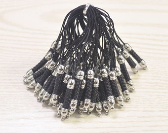 Mobiele telefoonriem Lariat-sleutelkoordconnectoren,20st zwarte mobiele telefoon sleutelhanger met zilveren metalen dop,sleutelkoord accessoires mobiele telefoon