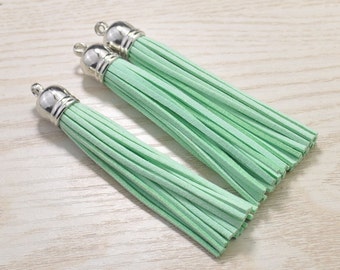 Long Tassels 3.38'',10pc Aqua Tassel(86mm),Silver Plastic Cap,Faux Leather Keychain Tassel Accessories,Tassel Earring Tassel Charm