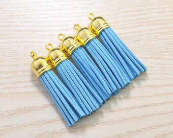 Tassels 2'', 20pcs Tassel Craft,Island Blue Suede Tassel Accessories,Fringe Tassels,Faux Leather Tassels,Gold Cap Tassel Charm Pendant(52mm)