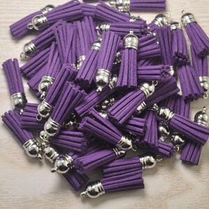Könnte beinhalten: Eine Ansammlung von lila Wildlederquasten mit silberfarbenen Metallkappen. Die Quasten sind dicht gepackt und zeigen ihre lebendige Farbe und Textur. Diese dekorativen Quasten eignen sich für die Schmuckherstellung, das Basteln oder zum Verzieren verschiedener Artikel.