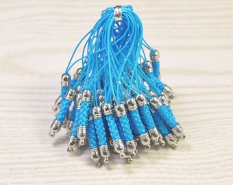 Correa de teléfono celular Lariat Lanyard Conectores, 20pcs Azul turquesa móvil teléfono celular llavero con tapa de metal plata, accesorios de teléfono móvil