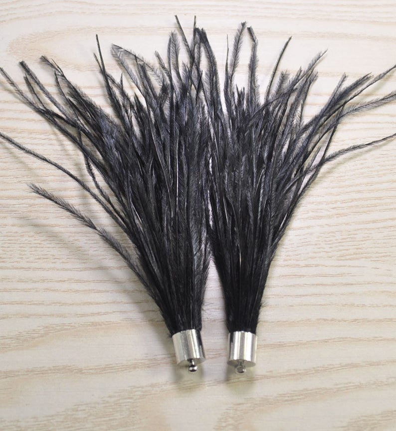 Feather Tassels2pcs Black Ostrich Feather Tassels With Silver Etsy