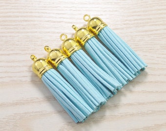 Tassels 2'', 20pcs Tassel Craft,Sky Blue Suede Tassel Accessories,Fringe Tassels,Faux Leather Tassels,Gold Cap Tassel Charm Pendant(52mm)