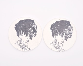 4 Pairs Round Wood Earrings 60mm,African Fashion Girl Printed Wood Blanks,African Earrings,Laser Cut,Jewelry Blanks,Wood Pendant - WS#22
