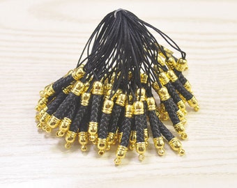 Mobiele telefoonriem Lariat-sleutelkoordconnectoren,20st zwarte mobiele telefoon sleutelhanger met goudkleurige metalen dop,sleutelkoordaccessoires mobiele telefoon