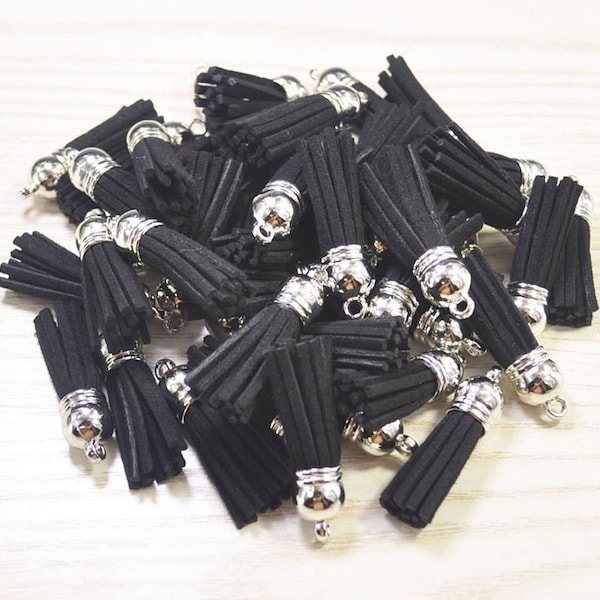 50pc Mini Tassels 1.5'',Black Suede Tassel Craft,Keychain Tassels Accessories,Faux Leather Fringe Tassels For Shoes,Handbag.Silver Cap W01
