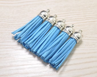 Tassels 2'', 20pcs Tassel Craft,Island Blue Suede Tassel Accessories,Fringe Tassels,Faux Leather Tassels,Silver Cap Tassel Charm (52mm)