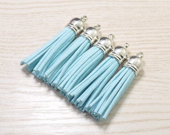 Tassels 2'', 20pcs Tassel Craft,Sky Blue Suede Tassel Accessories,Fringe Tassels,Faux Leather Tassels,Silver Cap Tassel Charm Pendant(52mm)
