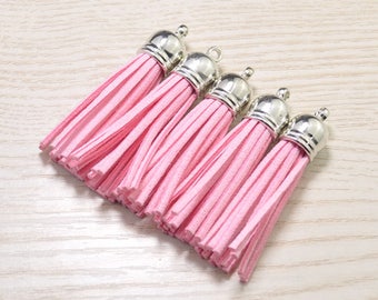 Tassels 2'', 20pcs Tassel Craft,Pink Suede Tassel Accessories,Fringe Tassels,Faux Leather Tassels,Silver Cap Tassel Charm Pendant(52mm)