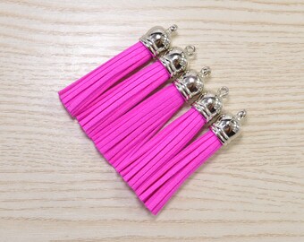 Tassels 2'', 20pcs Tassel Craft,Hot Pink Suede Tassel Accessories,Fringe Tassels,Faux Leather Tassels,Silver Cap Tassel Charm Pendant(52mm)