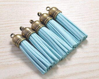 Tassels 2'', 20pcs Tassel Craft,Sky Blue Suede Tassel Accessories,Fringe Tassels,Faux Leather Tassels,Bronze Cap Tassel Charm Pendant(52mm)
