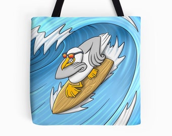 Sac cabas design mixte "mouette surfeuse". Sac en toile motif humoristique. Sac fourre tout surfeur unisexe. Tote bag motif original surf.