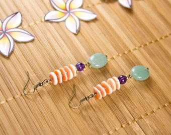 Earrings Aventurine, Amethyst and shell rings. Earrings fine stones. Striped jewelry in fine stones.