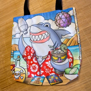 Colorful tote bag illustration "shark". Unisex tote bag original design. Tote bag original humorous illustration shark bartender