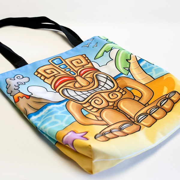 Sac cabas design "Tiki Motu" 41cmX41cm. Tote bag TIKI illustration originale. Sac porté épaule multicolore. Sac fourre tout coloré tropical