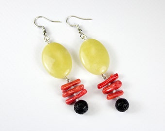 Earrings Lemon Jade, Coral Branch and Lava Stone. Tricolor gemstone loops. Red coral jewelry and fine stones.