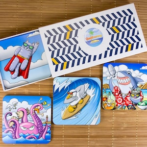 Set 4 Untersetzer Original illustrationen. Humorvolle Illustration "Tiere". Set für Aperitif. Zahnstangen- und Ritzelgeschenk. Geschenk für den Aperitif