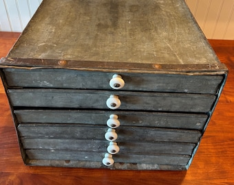 Vintage Industrial Metal Cabinet: 6 Galvanized Drawers, Porcelain Pulls