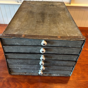 Vintage Industrial Metal Cabinet: 6 Galvanized Drawers, Porcelain Pulls