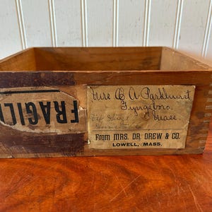 Antique Dovetailed Wood Crate: Lowell Mass Shipping Label, Farmhouse Decor