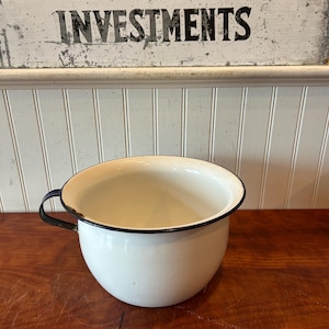 Vintage White Enamel Pitcher: Farmhouse Vase, Blue Trim