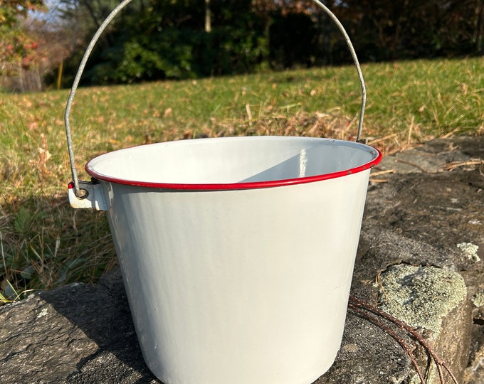 White and Red Enamelware Bucket Vintage Polish Enamel Bucket With Red