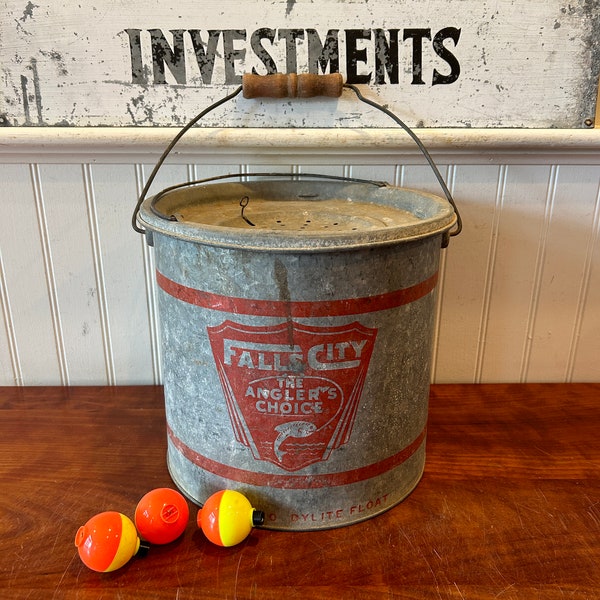 Vintage Minnow Bucket - Falls City Bait Bucket Anglers Choice - Bait Bucket Vintage Bait Pail - Vintage Galvanized Metal Pail Vintage Bucket