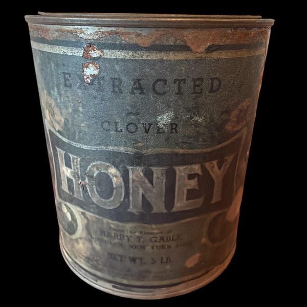 Vintage “Extracted Clover Honey” Tin – Rustic Farmhouse Pantry Storage – Blue & Gold Graphic Canister