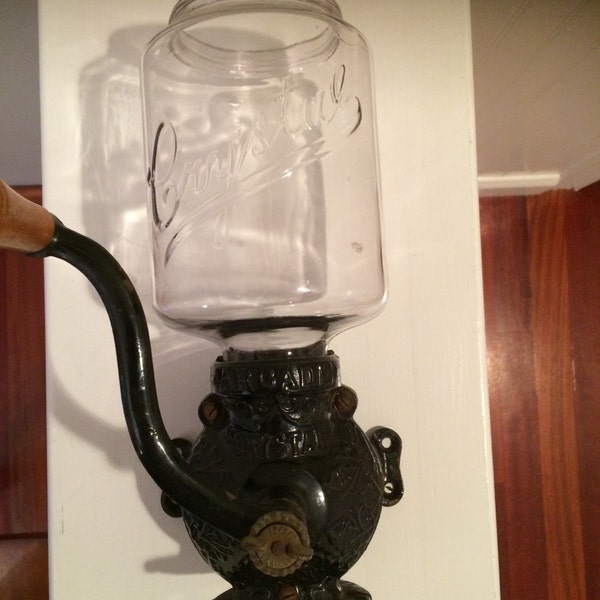 Vintage Antique Arcade Crystal glass coffee grinder wall mount with glass jar