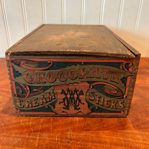 Chocolate Cream Sticks Box Boston MA Advertising Crate Vintage Wooden Crate Country Store Advertising Candy Crate Wooden Sweet Chocolate