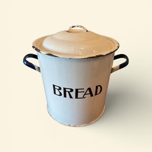 Vintage Enamel Bread Bucket with Lid – White & Navy Farmhouse Kitchen Canister