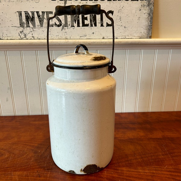 Vintage Enamel Milk Can: Small White Cream Pail, Farmhouse Decor