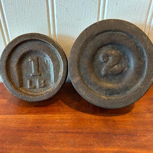 Pair of Antique Cast Iron Weights • 1 LB & 2 LB • Rustic Industrial Decor • Vintage Scale Weights • Farmhouse Display Props