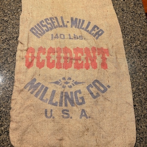 Vintage Russell-Miller Milling Co. Burlap Bag: Rustic Occident Flour Sack
