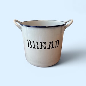 Antique White Enamel Bread Pot – Blue Trim Primitive Farmhouse Kitchen Storage